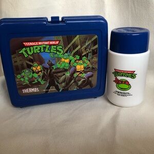 1989 Teenage Mutant Ninja Turtles blue Lunchbox and Thermos vintage NWOT plastic